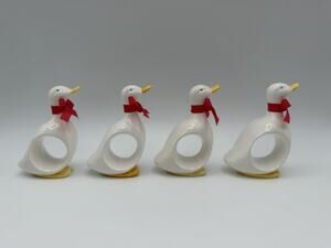 Vintage White Ceramic Duck Napkin Rings Set of 4 Red Bows Farmhouse Cottagecore